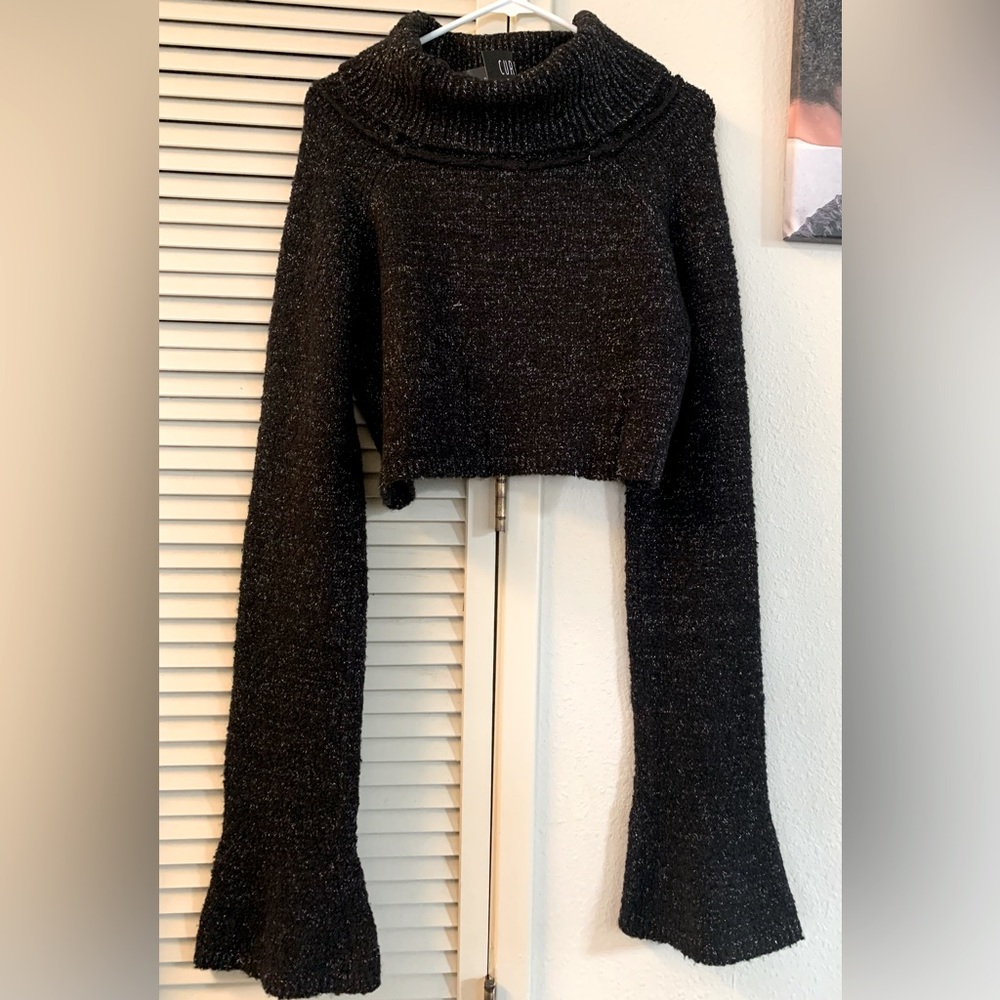 Dolls Kill Lush Cowl Silver Metallic & Grey Cropped Sweater with long sleeves